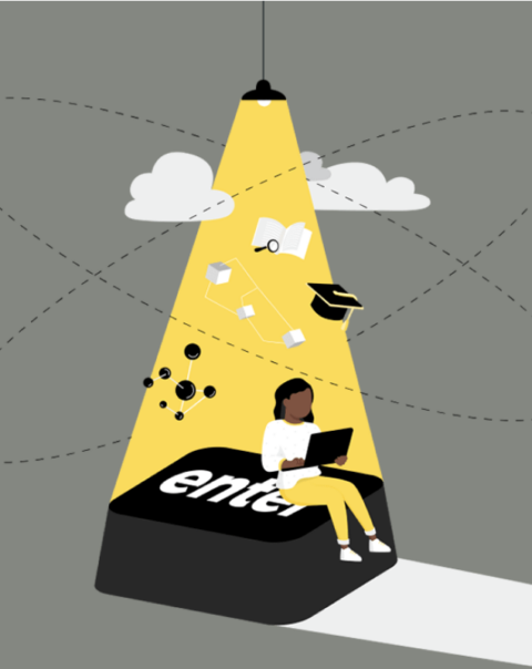 An illustration of a person working on a laptop under stylised images of a mortar board, cubes an atom. They're sitting on a keyboard button marked Enter 