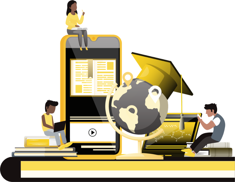 Illustration of globe, phone and books with stylised people reading and working